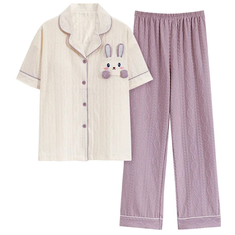 New Short Sleeve Sleepwear Women Matching Home Set Cotton Loose Sweet Cartoon Prints Leisure Thin Nightwear for Summer