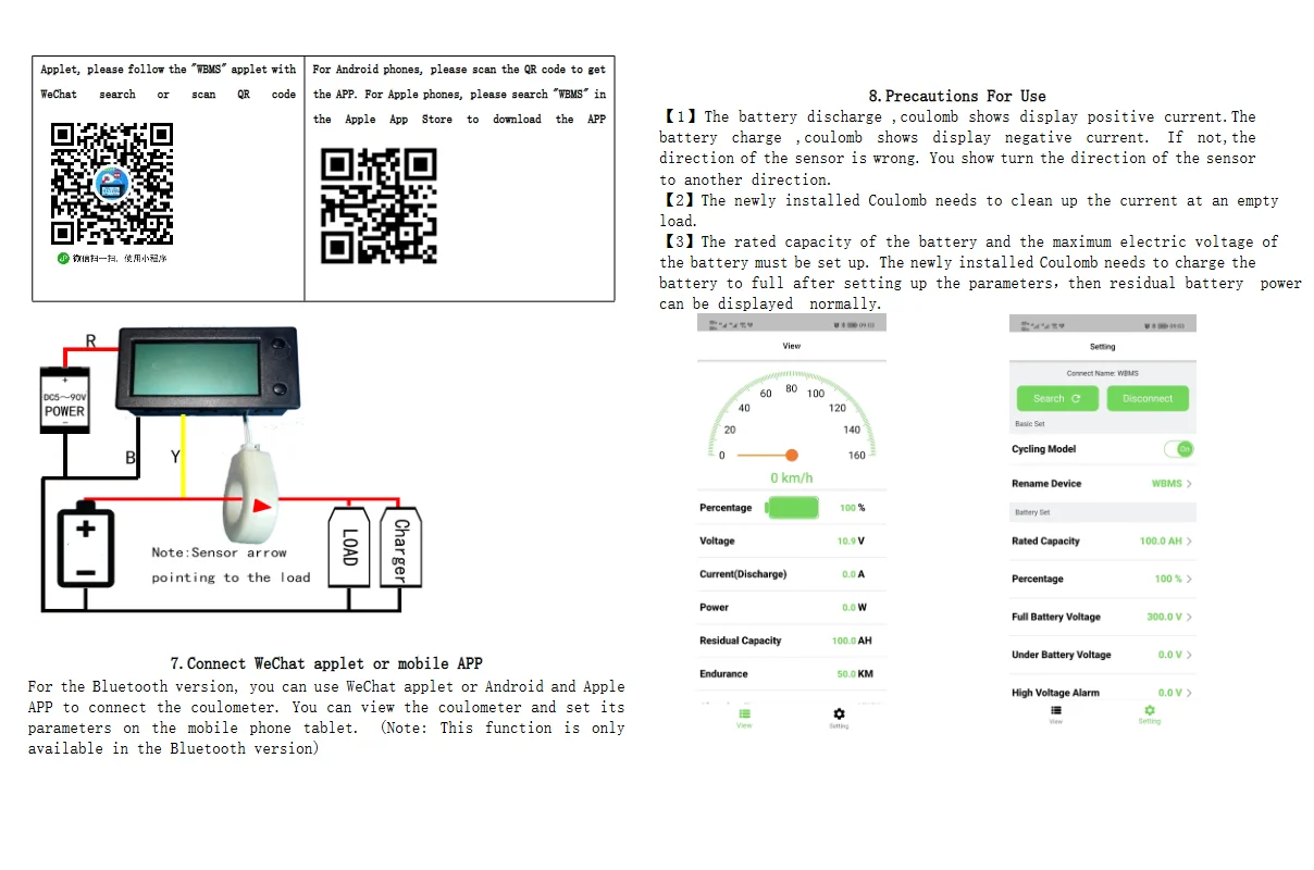 Bluetooth Hall Ammeter Voltmeter Coulomb Meter Battery Charge Discharger POWER Monitor 12V 24V 48V 60V Lead-acid Li-ion Lifepo4
