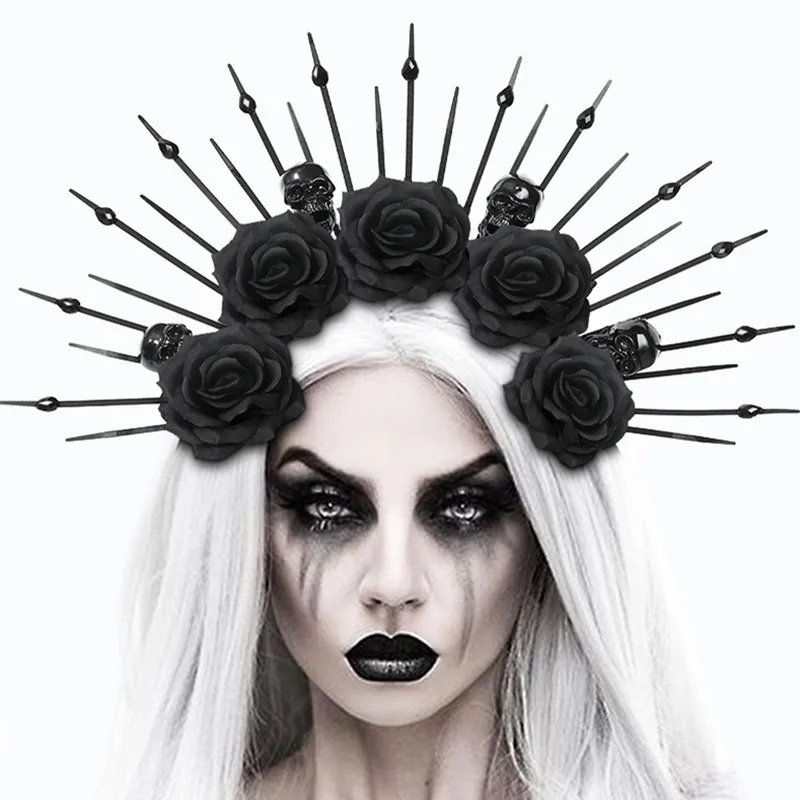 

Gothic Witch Skull Horns Headband Cosplay Costumes Adult Black Queen Headwear Halloween Headdress Prop Accessories