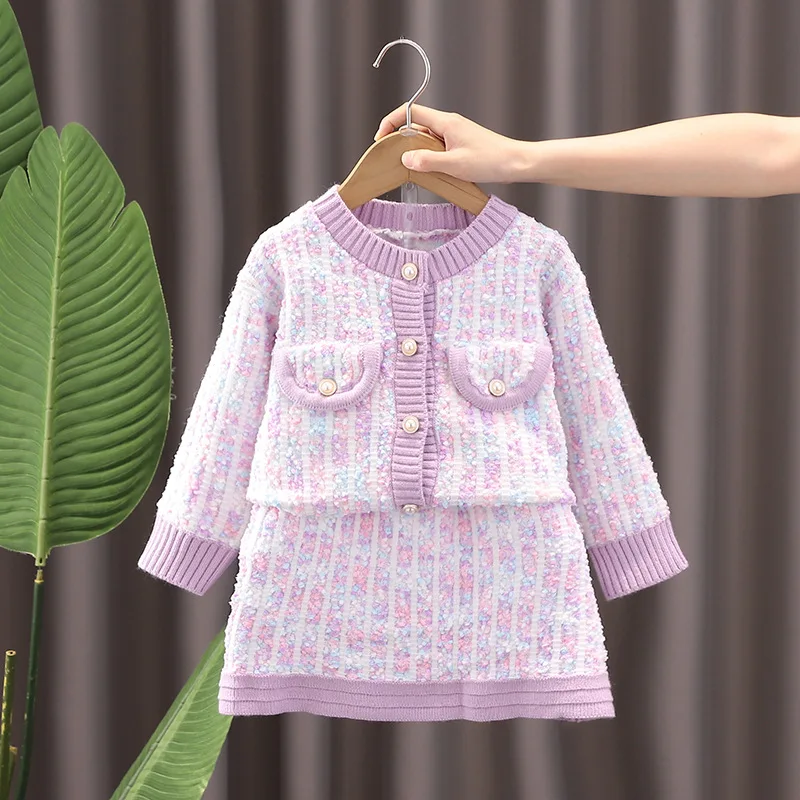 

Children Girl Spring Autumn 2PCS Clothing Set V-collar Knitted Cardigan Sweater Printed Skirt Kid Girl Outfit Toddler Girl Suits