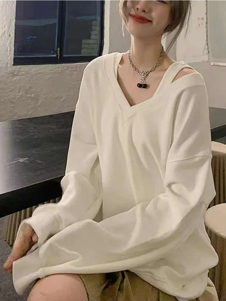 

Однотонные женские толстовки в Корейском стиле Харадзюку, пикантные свитшоты с открытыми плечами и V-образным вырезом, подходящие ко всему Топы с длинным рукавом, готический стиль, гранж