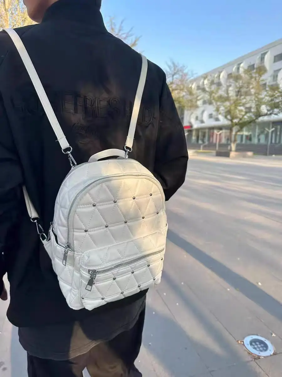 JIAERDI Large Capacity White Backpack  For Women 2025 New Diamond Chic Leather Backpacks Female Vintage Casual Mochila Aesthetic