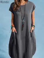 Oversized Vintage Short Sleeve Solid Sundress ZANZEA Women Summer Knee-length Dress Casual Loose Cotton Vestidos Beach Dresses - Image 4
