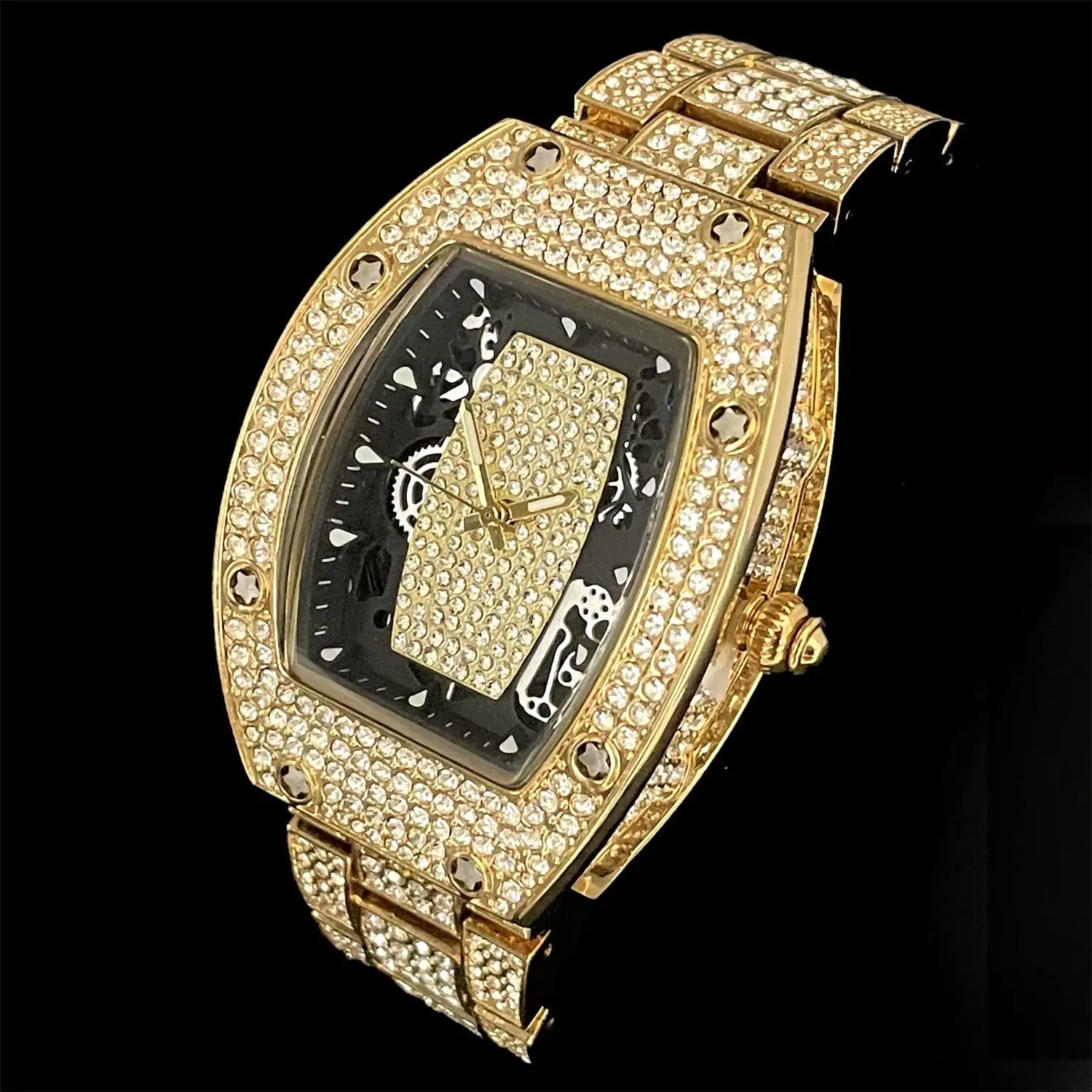 MISSFOX Luxury Gold Watches Mens Fashion Waterproof Quartz Clock Hip Hop Full Iced Diamond Tonneau Wrist Watch Mans Reloj Hombre