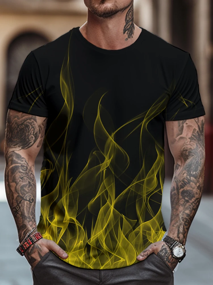 

Футболка мужская с цифровым 3D-принтом желтого пламени, модная уличная тенниска в стиле панк, летняя Свободная Повседневная Классическая майка с коротким рукавом