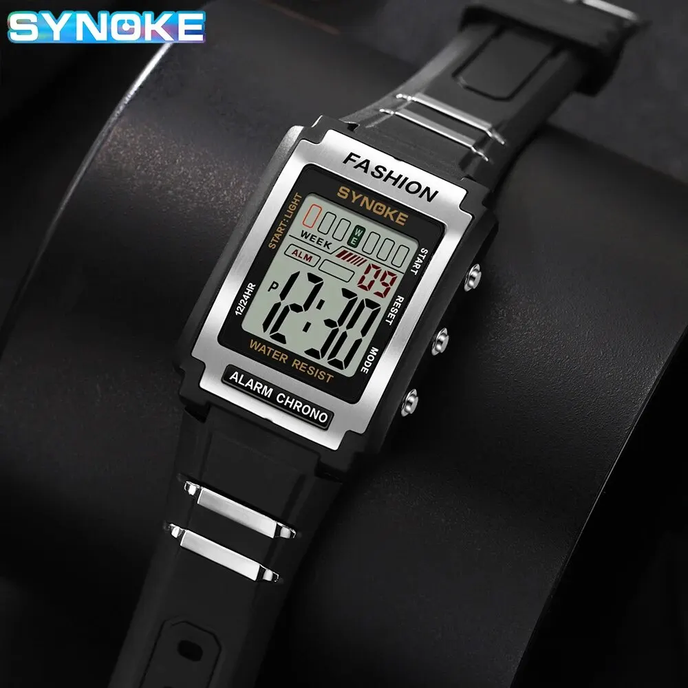 SYNOKE Men Rectangular Sports Electronic Watch Waterproof 50M Night Light Large Screen Alarm Clock Trend Retro Style 4