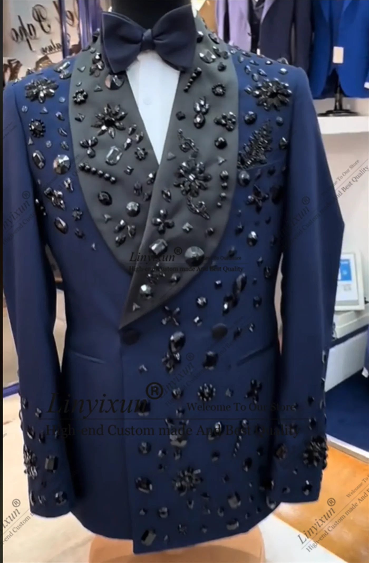 Handsome Beaded Crystals Men Suits 2 Pieces Set Male Prom Blazers Groom Wedding Tuxedos Double Breasted Customized Costume Homme 2