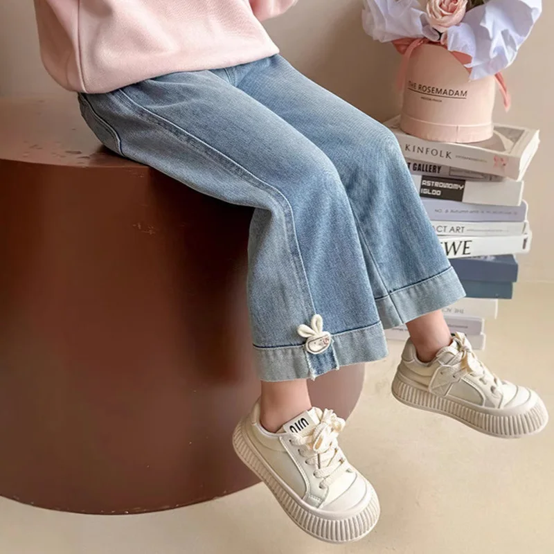 여아 캐주얼 데님 바지 부드러운 면 키즈 청바지 봄 가을 루즈핏 바지 사랑스러운 데일리룩 아동용 90cm-140cm