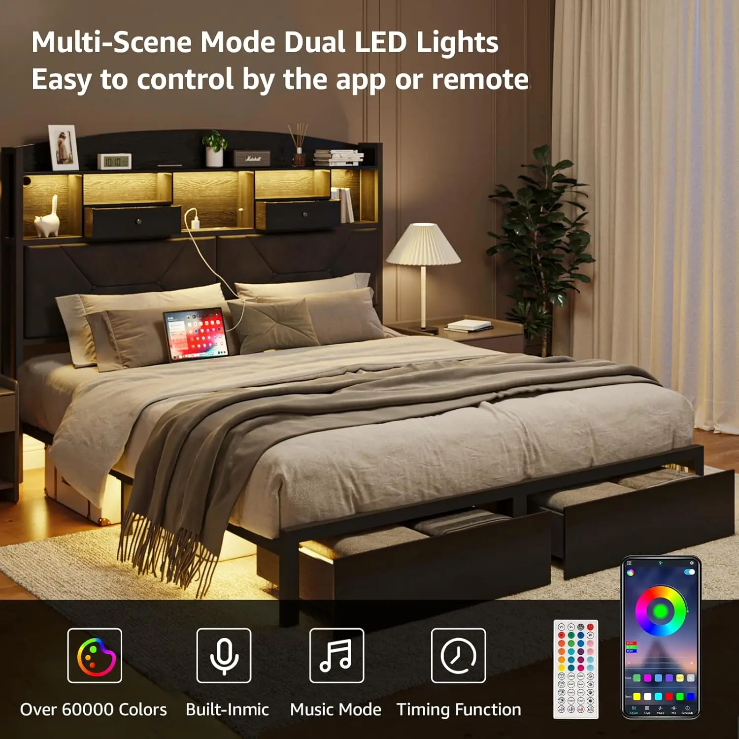 with 4 Storage, Upholstered Velvet Platform Bed Frames with Button Tufted Headboard Led Lights, Wooden Slats Support