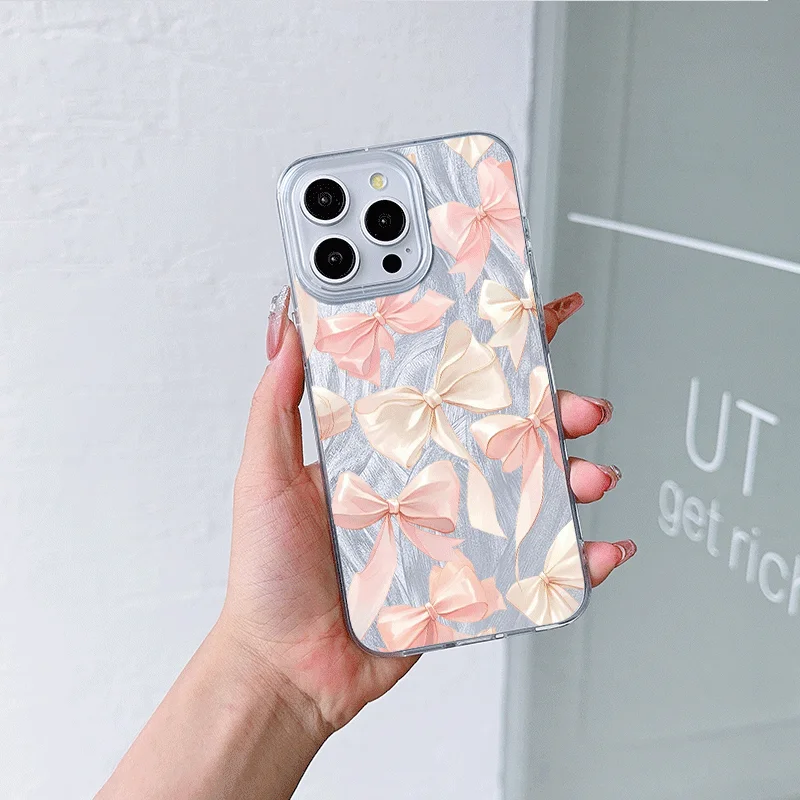 Chic Pink Bowknot Painted Phone Case - Feather Texture Hard Cover Y2K Design