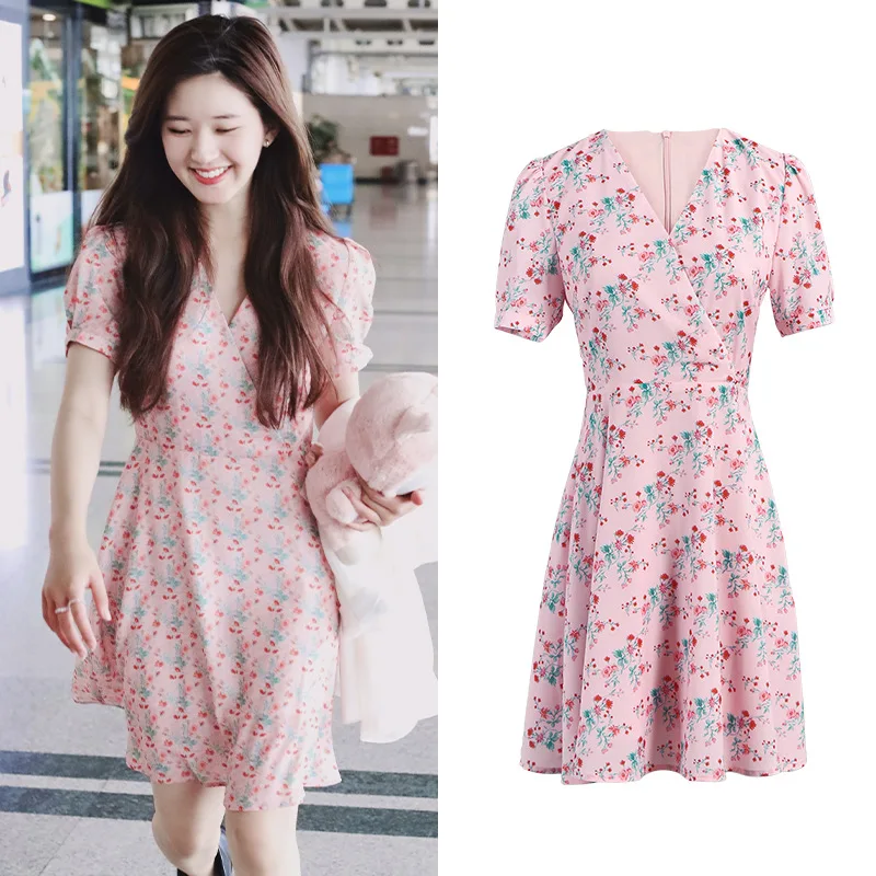 

Женское шикарное розовое шифоновое платье с цветочным принтом, элегантный V-образный вырез, короткий рукав-фонарик, трапециевидная длина до колен, летнее платье, прерии, 2024 г.