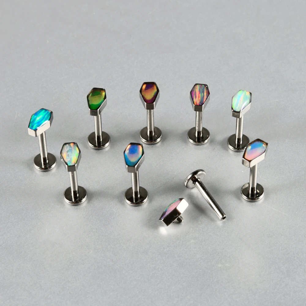1PC G23 Titanium Coffin Opal Lip Ring External thread Piercings