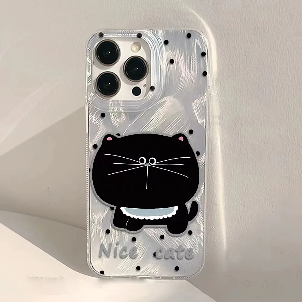 Chic Black Cat Phone Case with Laser Silver Feather Texture - Shockproof Cover