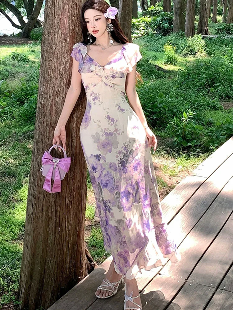 Summer Fashion Ruffles Sexy Straples Holiday Midi Dress Ladies Purple  Flowers Print Chiffon High Waist A-Line Party Dress Female - AliExpress