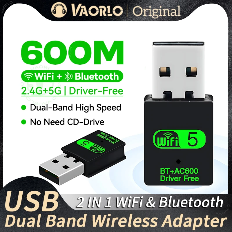 2 IN 1 USB WiFi Bluetooth Adapter 600Mbps 2.4G 5GHz Dual Band Wi-Fi 5 Dongle High-Speed Wireless Network Card Receiver Laptop PC
