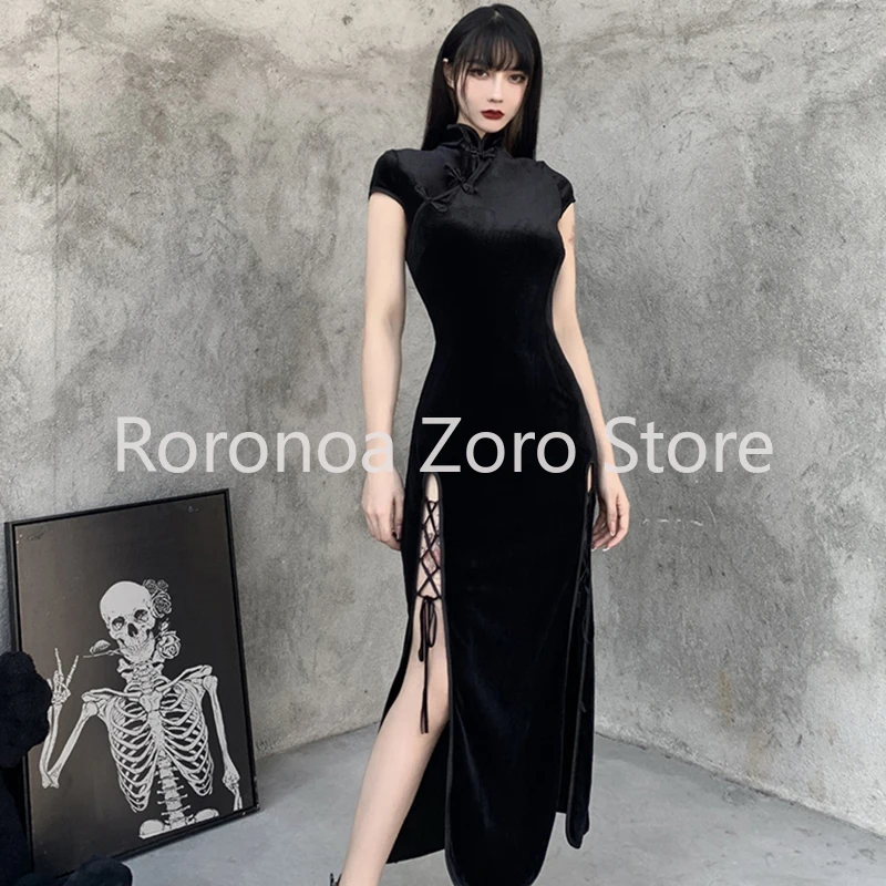 

Vintage Black Bandage Chinese Style Cheongsam High Split Velvet Dress Spring 2022 Retro Long Qipao Gothic Women Aesthetic Dress