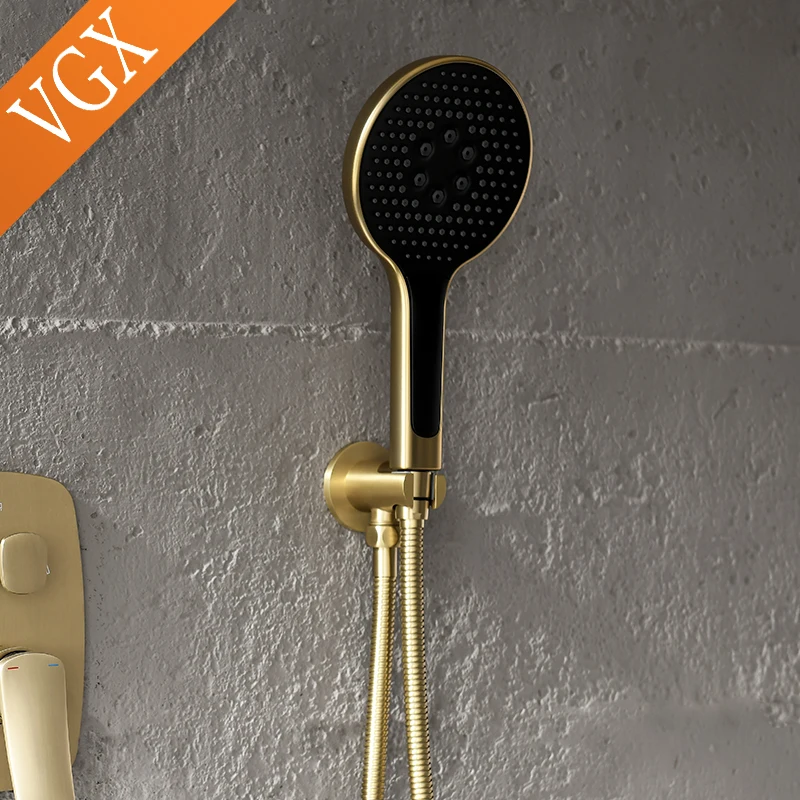 VGX Gold Concealed Shower System Bathroom Shower Faucet Set Embedded Cartridge Faucet Rainfall Shower Mixer Crane Grey Chrome 6