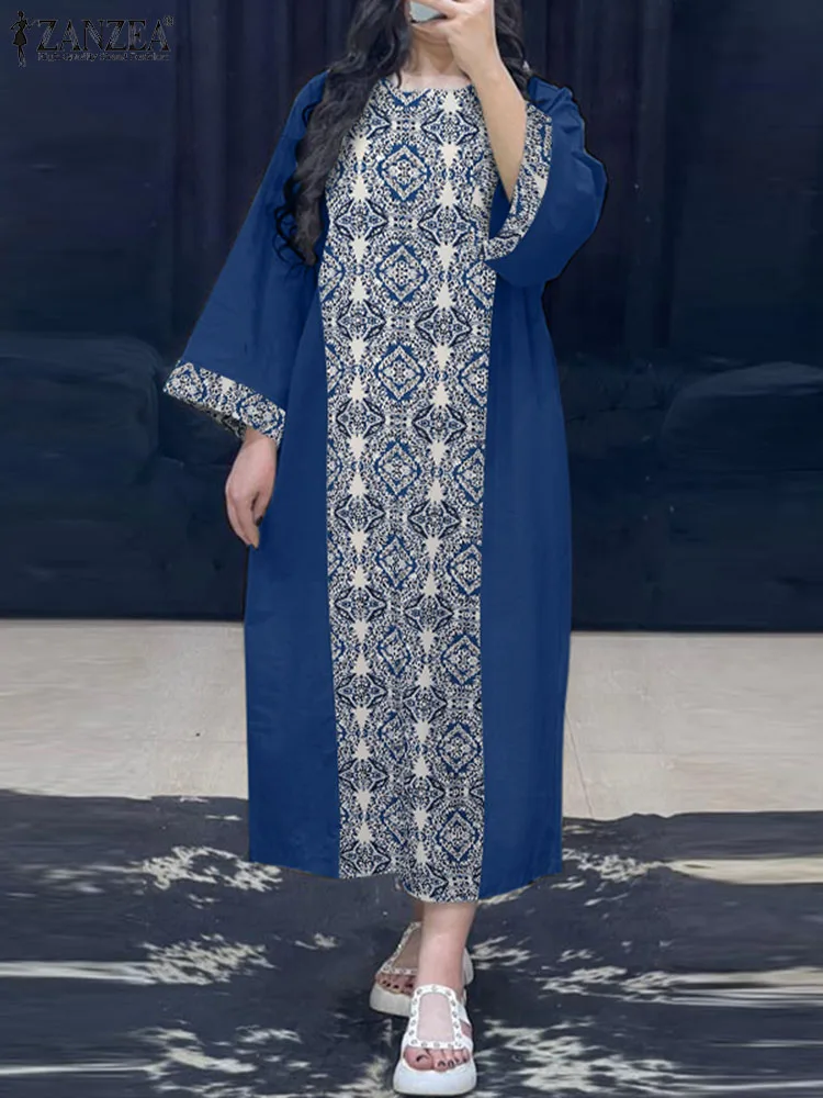 

ZANZEA Plus Size Elegant Round Neck Maxi Robe Women Dress Vintage Print Long Dress Casual Loose Long Sleeve Vestidos 2024 Summer