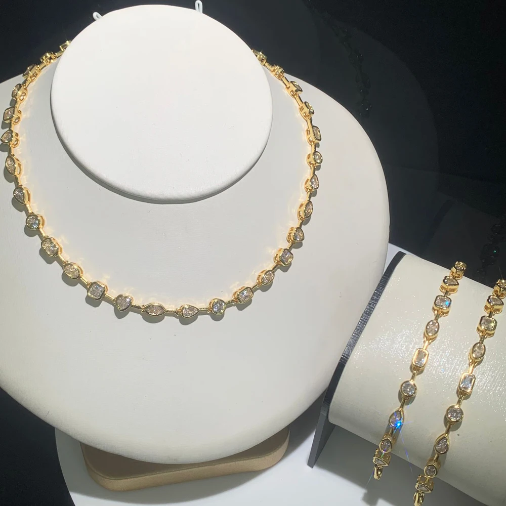 2025 New Trendy Women Jewelry Gold Color Geometric Various Shaped Bezel 5A Sparking CZ Tennis Chain Bracelet Necklace Set - 3