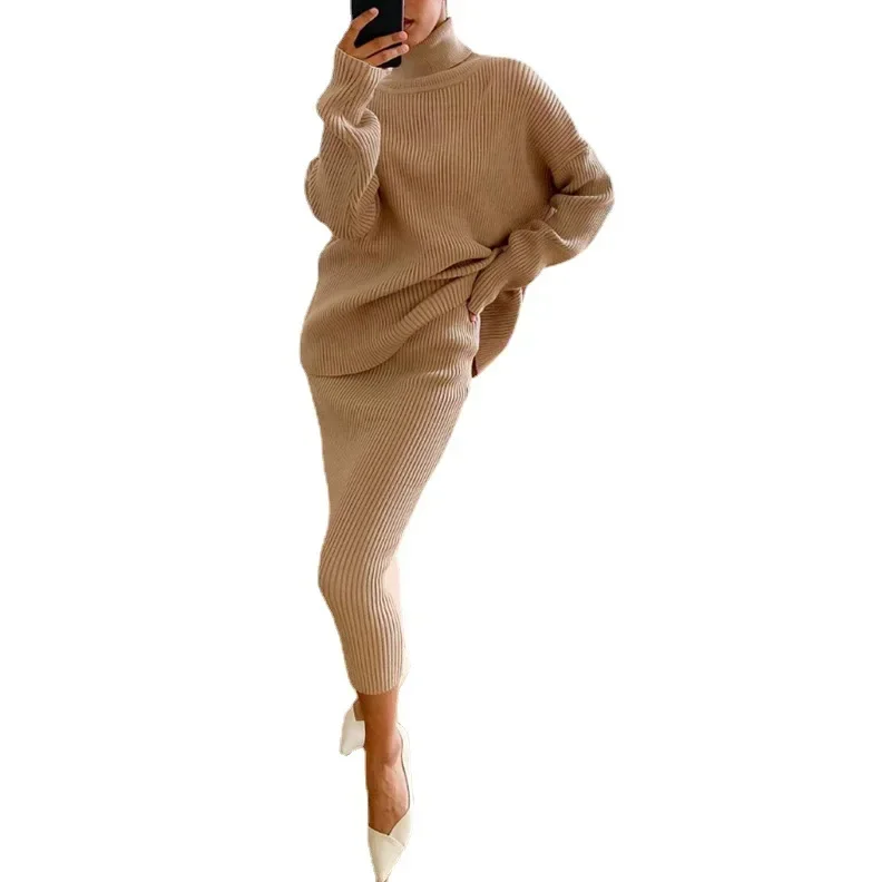 

Turtleneck Loose Dress Sets Fashion Knitted Sweater Tops and Knit Skirt Solid Casual Women Set Autumn and Winter Two Piece Sets