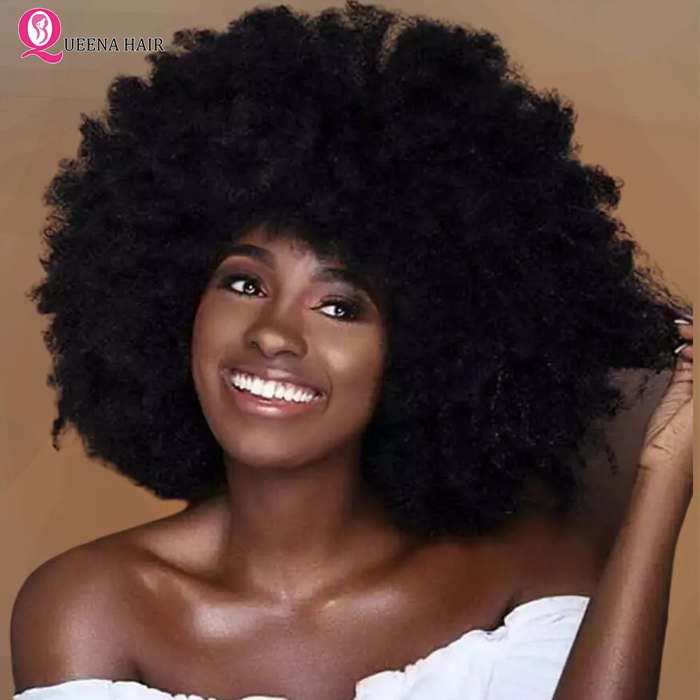 

Afro Kinky Curly Human Hair Wig with Thick Bangs Fluffy Natural Short Bob Wigs 180% Density Full Machine Made Hair for Halloween