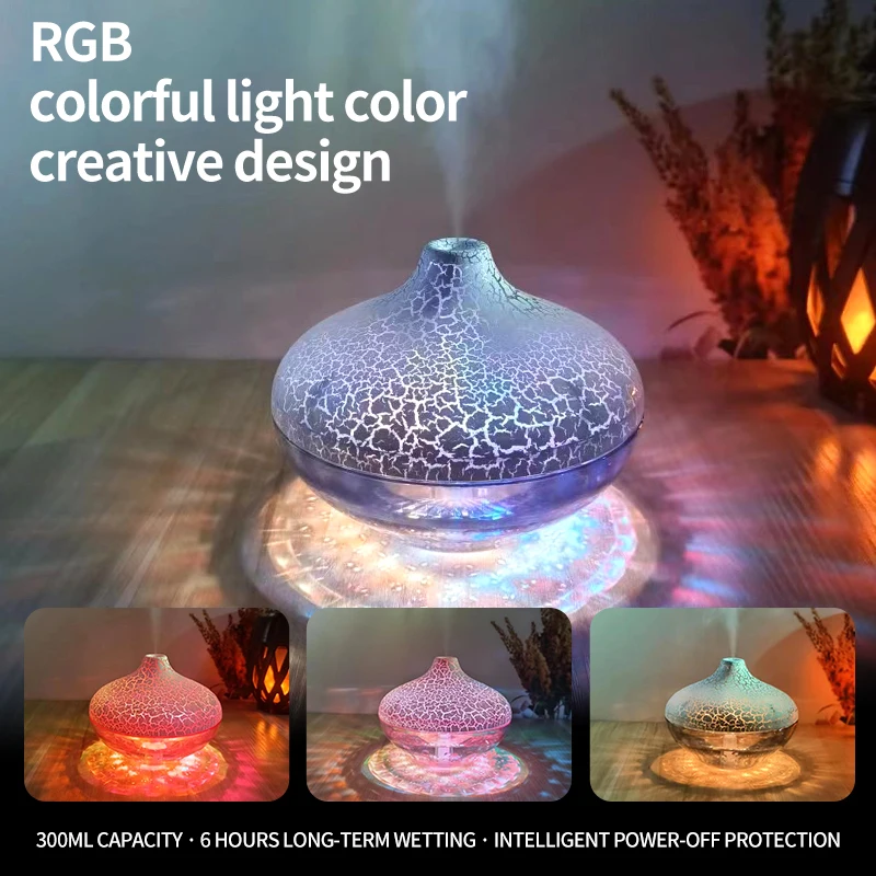 2025 New Cross-Border Hot Desktop Humidifier Crystal Crack Ball Shape with 7-Color Running Atmosphere Light Quiet Spray for Home