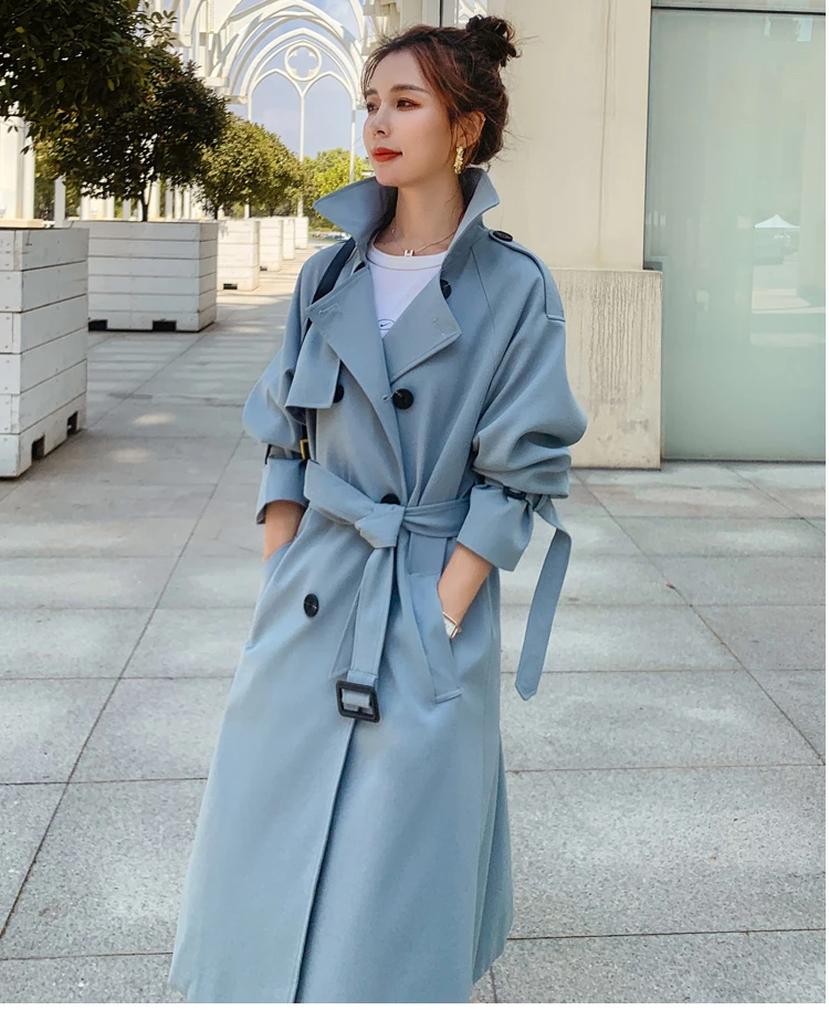 2021 Women Trench Coat Turn Down Collar Blue Long Trench Femme Women Autumn Long Coat With Belt Streetwear down parka