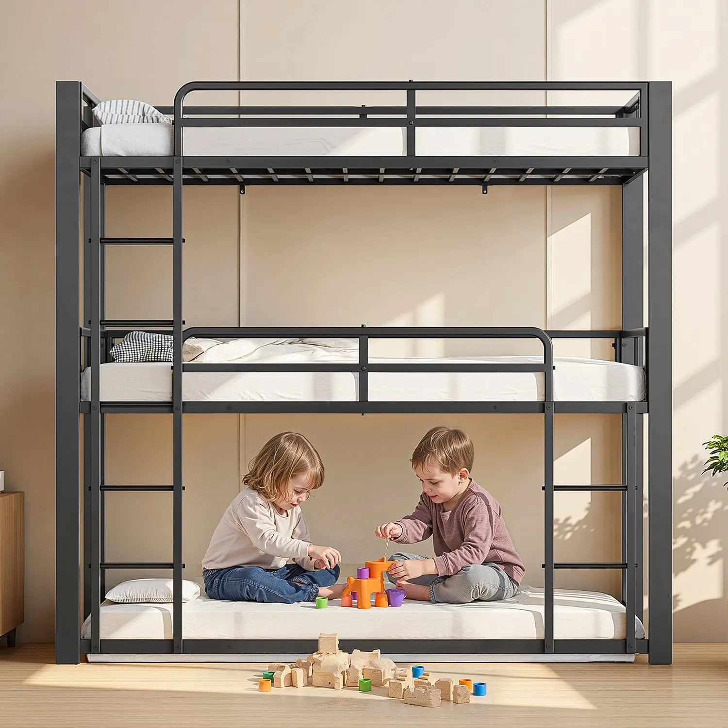 Heavy Duty Triple Bunk Bed, Twin-Size Metal Bunkbeds with Ladder, Family-Friendly for All Ages, Bedroom, No Box Spring Needed