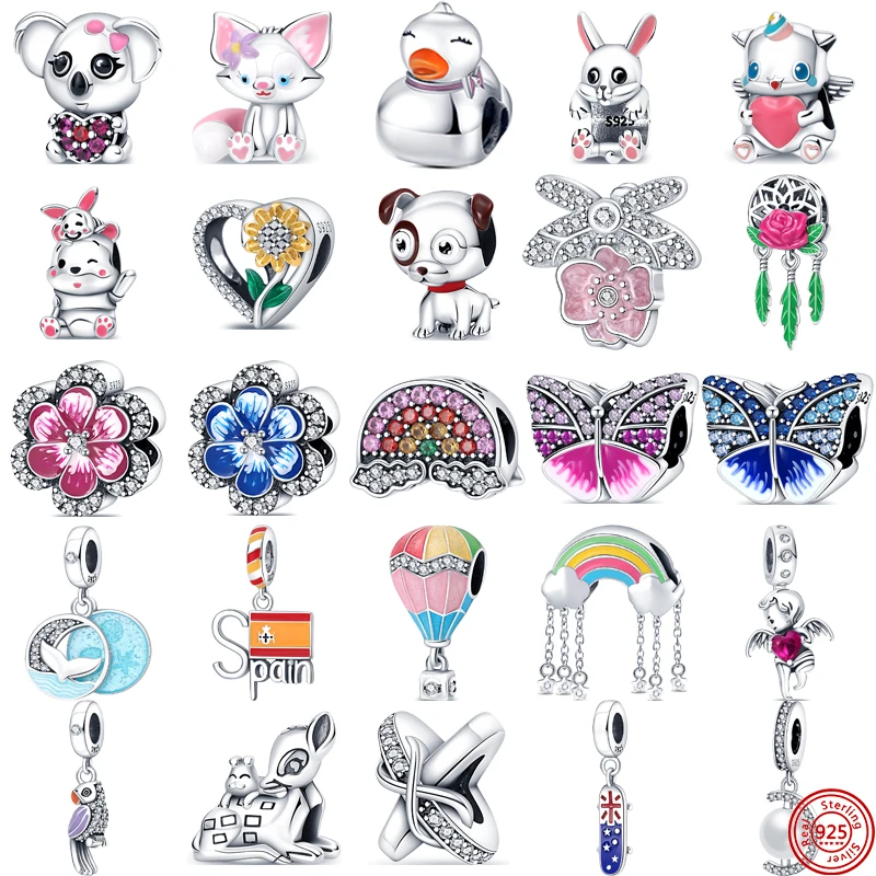 

925 Sterling Silver Pink Blue Butterfly Flower Cloud Rainbow Cute Animal Bead Fit Original Pandora Charms Bracelet Women Jewelry