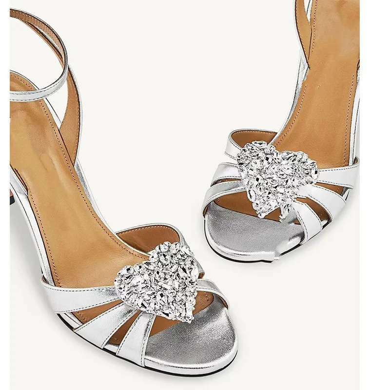 

Luxury New Love Rhinestone Sandals Women Summer New Silver Thin High Heels Open Toes Pumps Fashion Wedding Party Stiletto