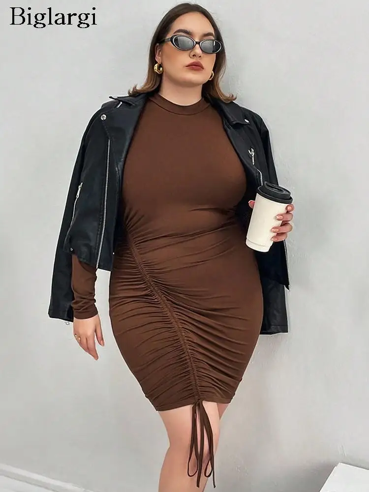 

Plus Size Autumn Pullover Mini Dress Women Bodycon Sexy Modis Pleated Ladies Dresses Long Sleeve Woman Dress 2023 Vestido Mujer