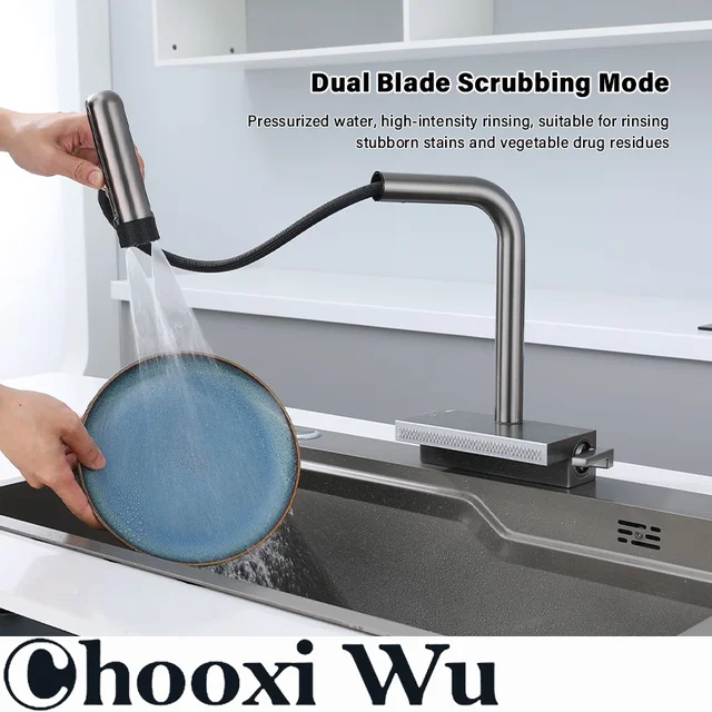 ก๊อกน้ําสแตนเลสแบบดึงออกในครัว, พวยกามัลติฟังก์ชั่น, การควบคุมคู่ร้อนและเย็น, แกนวาล์วเซรามิก 3