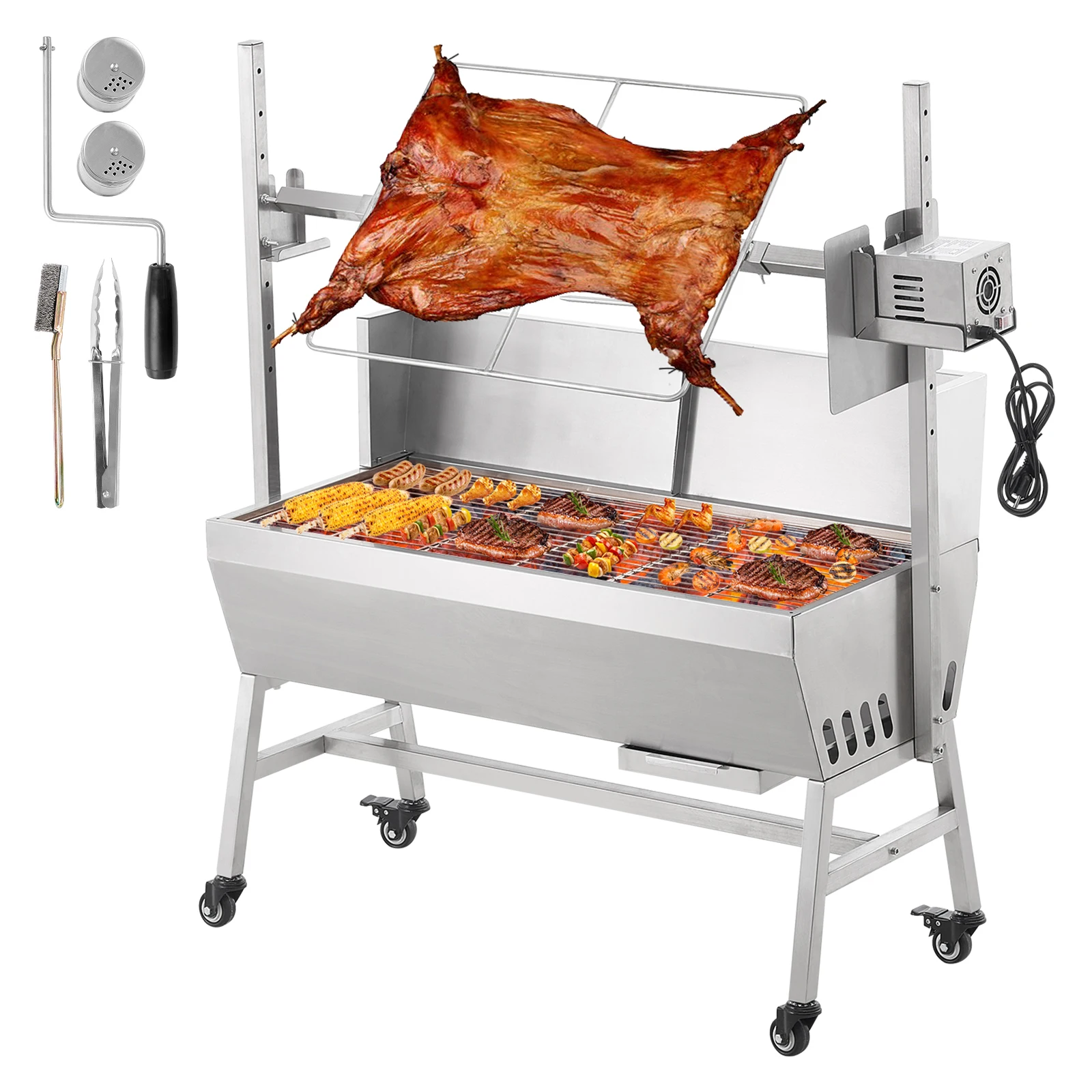 35inch Rotisserie Grill Electric Motor Charcoal Spit Stainless Steel Roaster w/Lockable Wheels for Camping Outdoor rotisserie grill