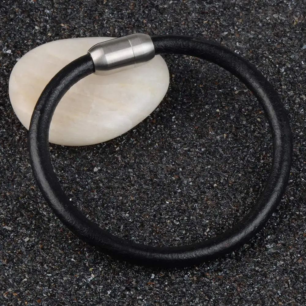 Smooth Genuine Leather Bracelet Stainless Steel Magnetic Clasp Handmade Men Black Bracelets Bangles For Men