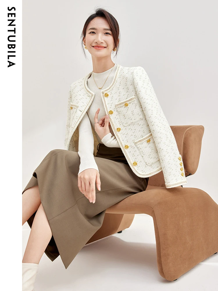 

SENTUBILA Elegant Tweed Jacket for Women Luxury 2023 Autumn Winter Straight-cut Cotton Blend Textured Coat Outwear 133W50031