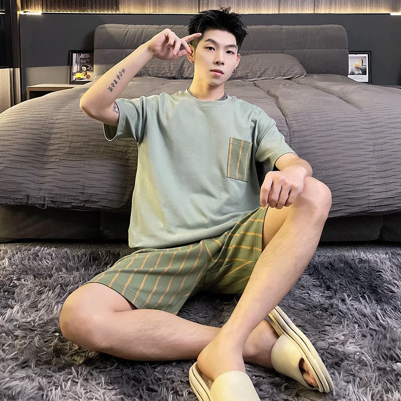 Men Cotton Pajamas Set Short Sleeve Shorts Plus Home Suit for Boy Casual Pajama Korean Loose Stylish Piaid Summer New