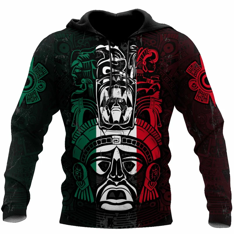 thumbnail image 1 of Sudadera con capucha con estampado 3D de la bandera de México y emblema nacional para hombre, sudadera de manga larga con estampado mexicano azteca, ropa de calle, 1 of 4