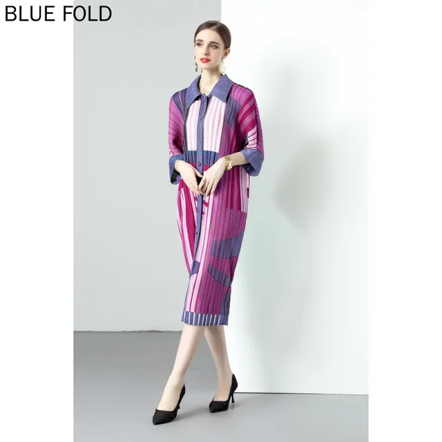 MIYAKE Pleats 3 Colors Optional Spring and Autumn Single-breasted Color Matching Lapel Bat Sleeve Loose-fitting Dress Japanese