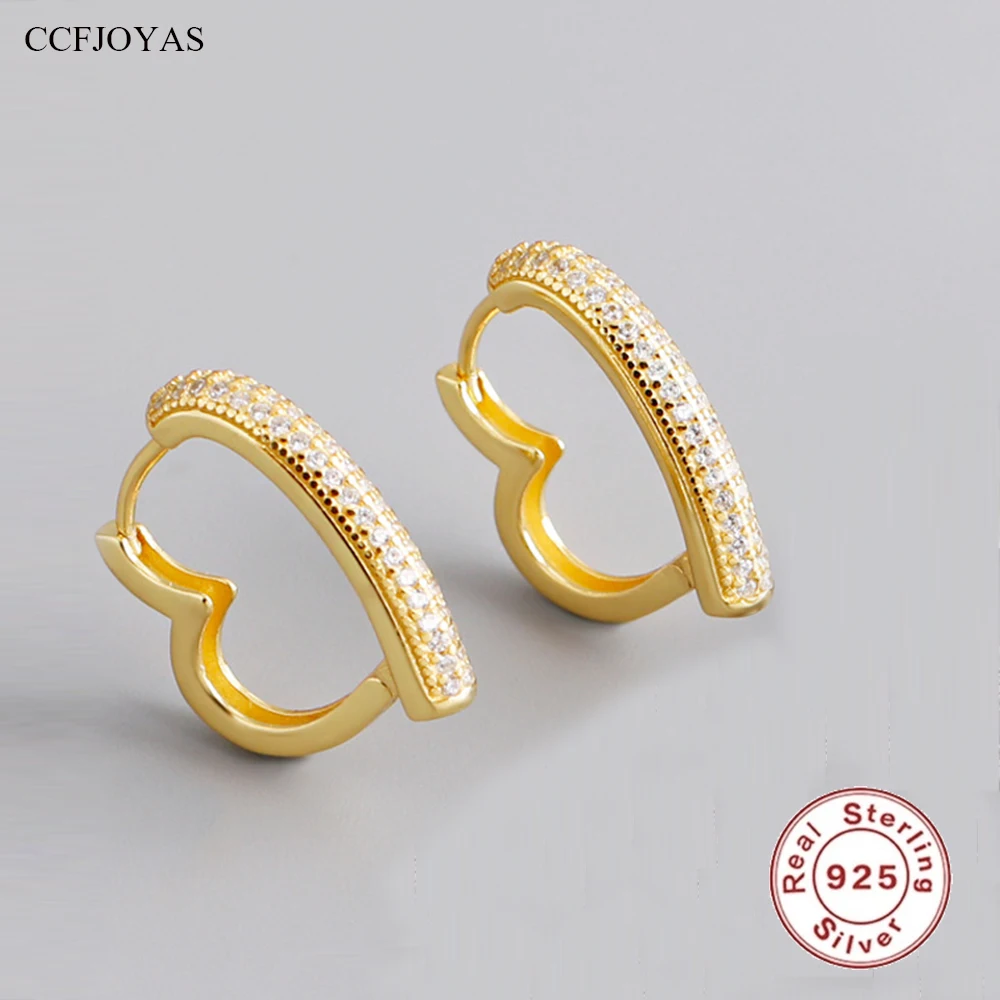 

CCFJOYAS Hip Hop Heart-shaped 925 Sterling Silver Hoop Earrings for Women European and American Zircon Fashion love Earrings