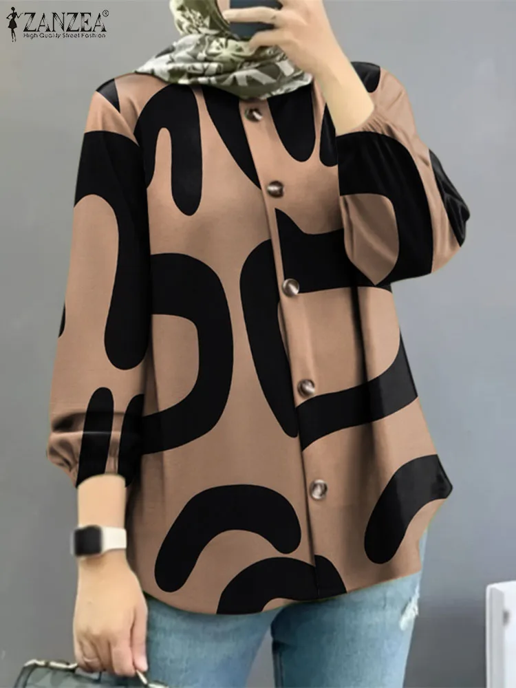 Autumn floral fashion printed shirt women's round neck long sleeve blouse Muslim abaya casual button work tops for women.