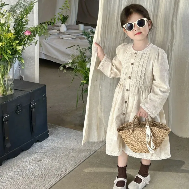 

HoneyCherry New Spring Girls Beige Lace Dress Solid Color Embroidered Puff Sleeve Dress Fashion Girls Clothes