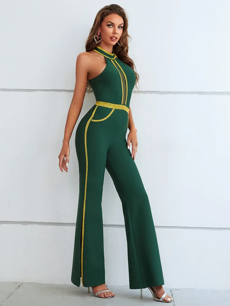 

Women Sexy Tank Diamonds Glitter Green Sleeveless Bodycon O Neck 2023 Flare Bandage Jumpsuit Celebrity High Street Rompers