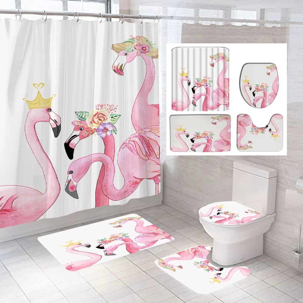 

Pink Flamingo Print Shower Curtain Ins Decorative Bathtub Curtain Nordic Toilet Partition Bath Screen Mat Set Bathroom Accessory