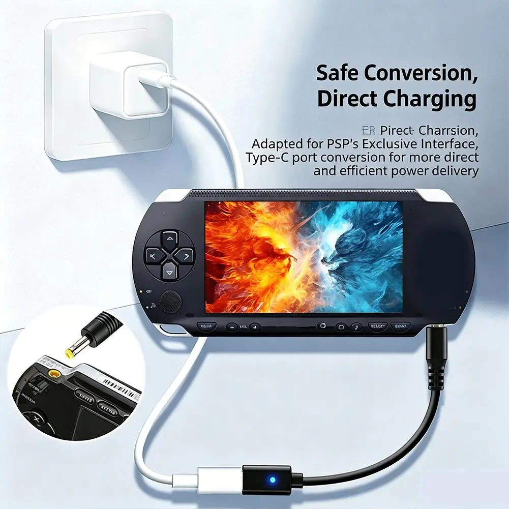 PSP1000 2000 3000 컨트롤러용 USB C 충전 케이블, 타입 C(여성) - PSP 충전 어댑터 전원 케이블(LED 변환 코드 포함)