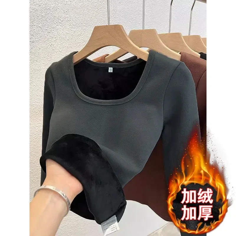 Ropa interior térmica de invierno para mujer, Tops con cuello cuadrado, jersey básico de lana, Top de cuello redondo, camisa térmica informal para mujer