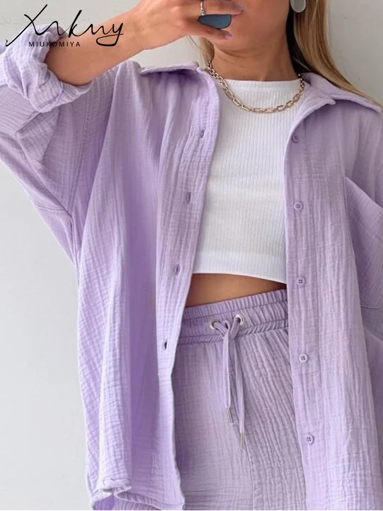 Short Two Piece Set For Women Shorts And Top Orange Loose Women's Summer Suit Oversize Shorts And Long Sleeve Shirts Sets Ladies
