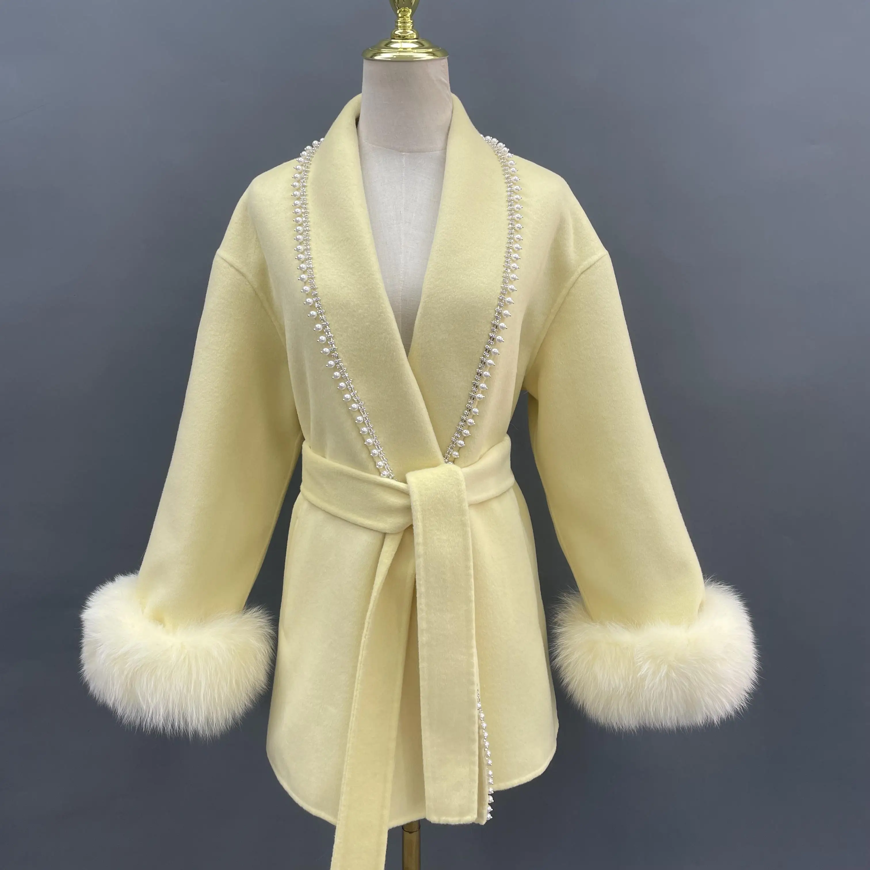 Girls Cashmere Coat Autumn Winter Wool Dress Fox Fur Cuffs Trench Coat