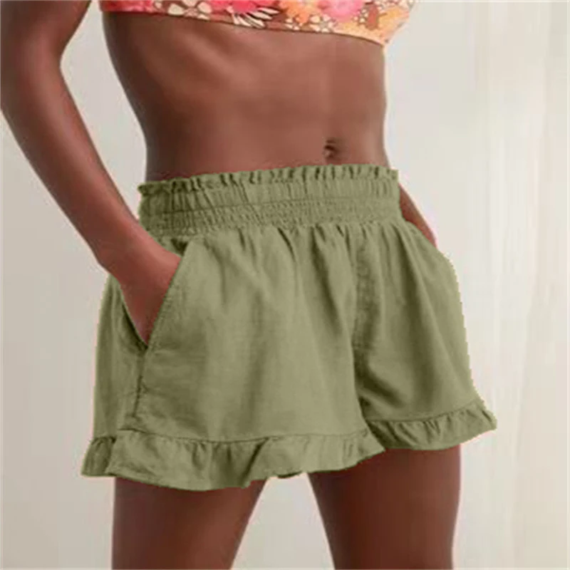 

2024 Spring and Summer New Women's Ins Style European High Waist Elastic Loose Wooden Ear Edge Wide Leg Pants Hot Selling Shorts