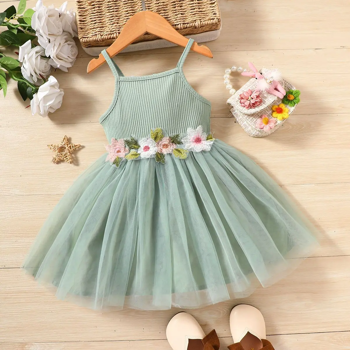 Summer style suspender waist flower design patchwork mesh fashion dress for primary and secondary school girls