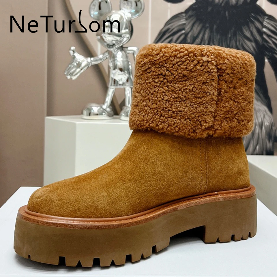 

Winter women cow suede sponge boots wool lightweight increased thickness thick soled snow boots cute retro all match ankle boots